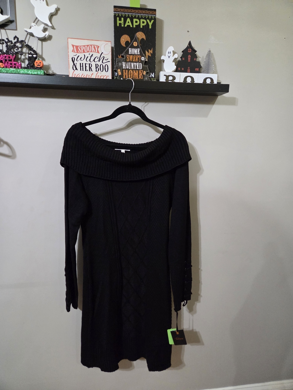 Takara Jrs  Black Off-the-Shoulder Cable-Knit Sweater Dress